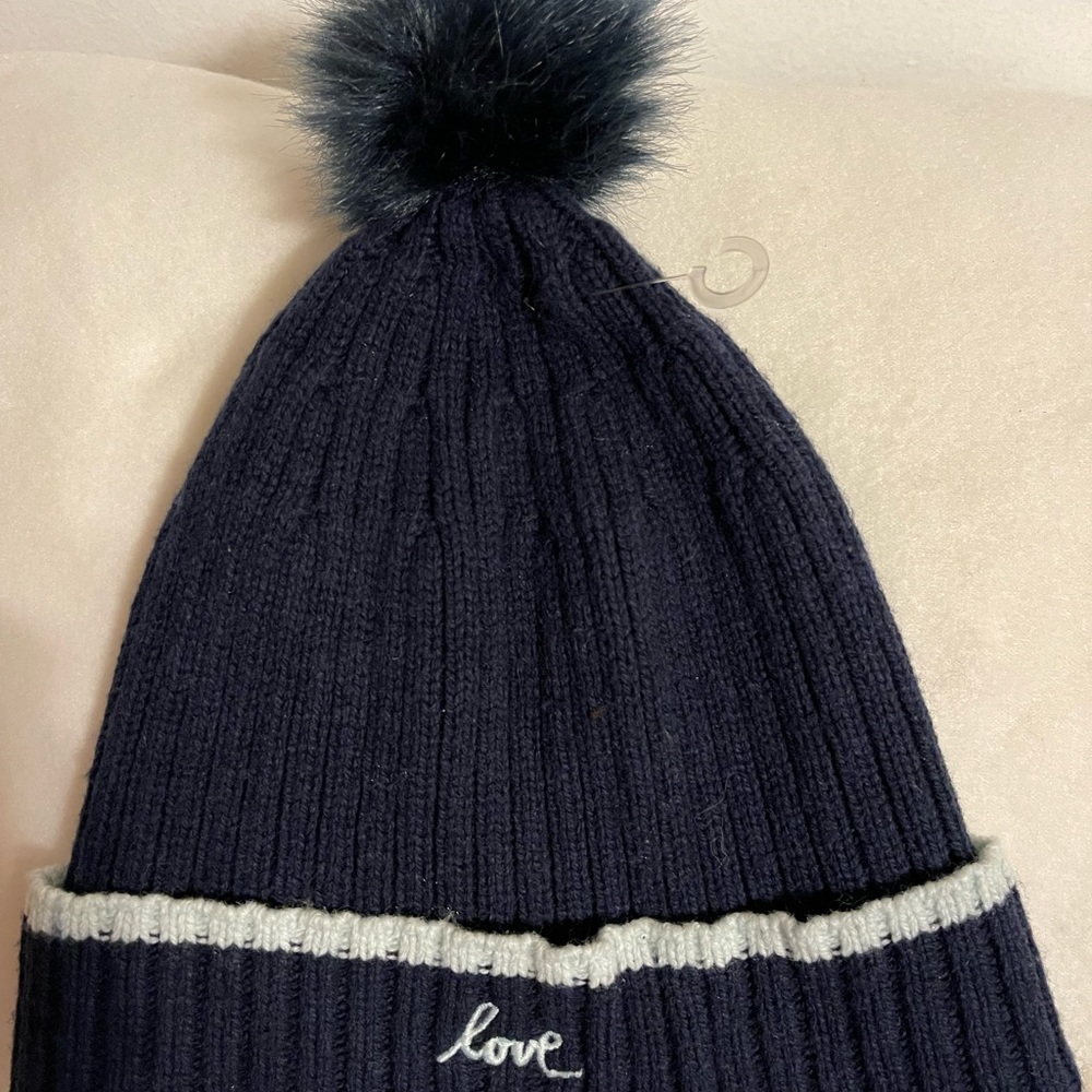 Banana Republic Women’s Blue LOVE Beanie One Size with Pom Pom